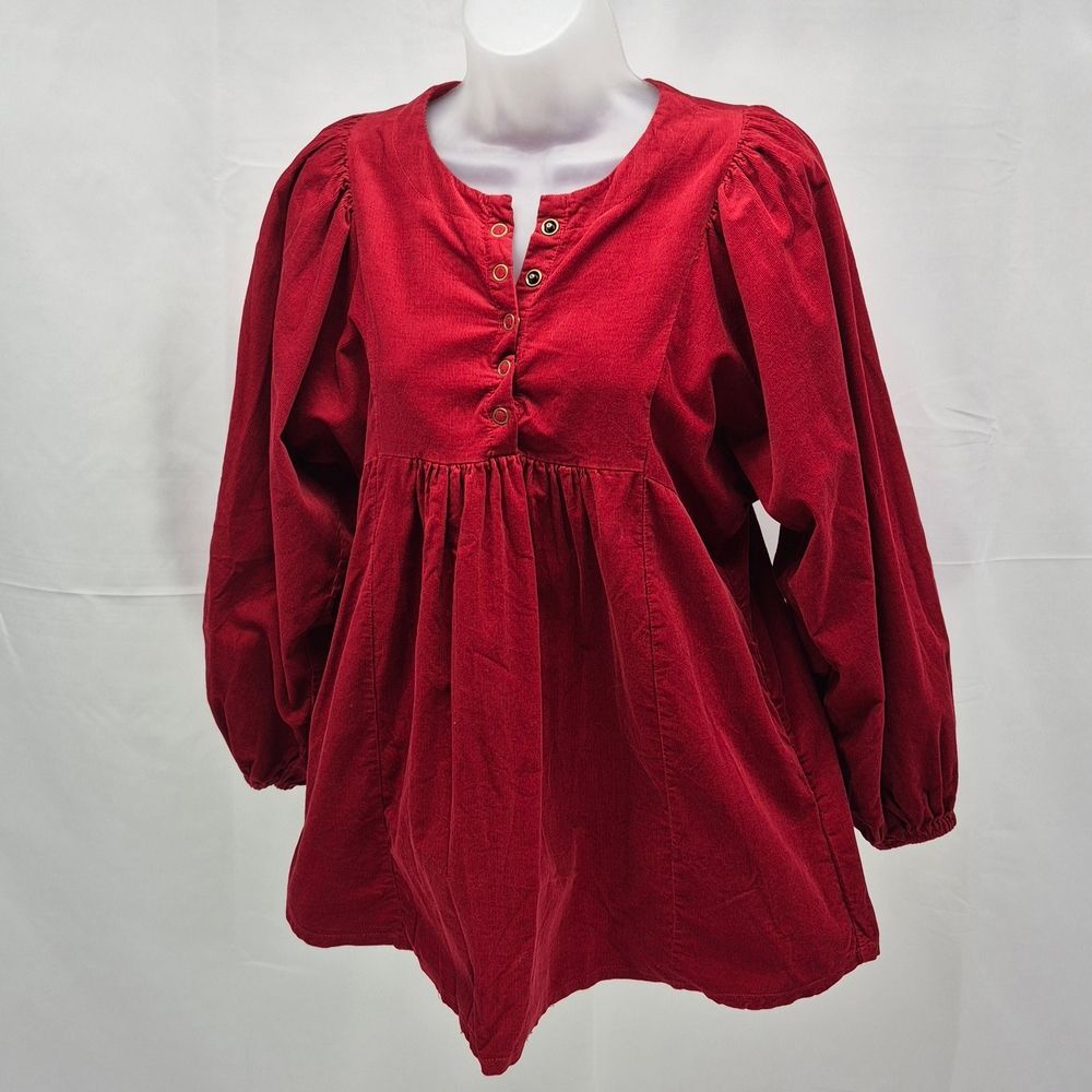 JW Style Vintage Inspired Red Corduroy Peasant Blouse Button Front Womans Small. - Picture 3 of 9